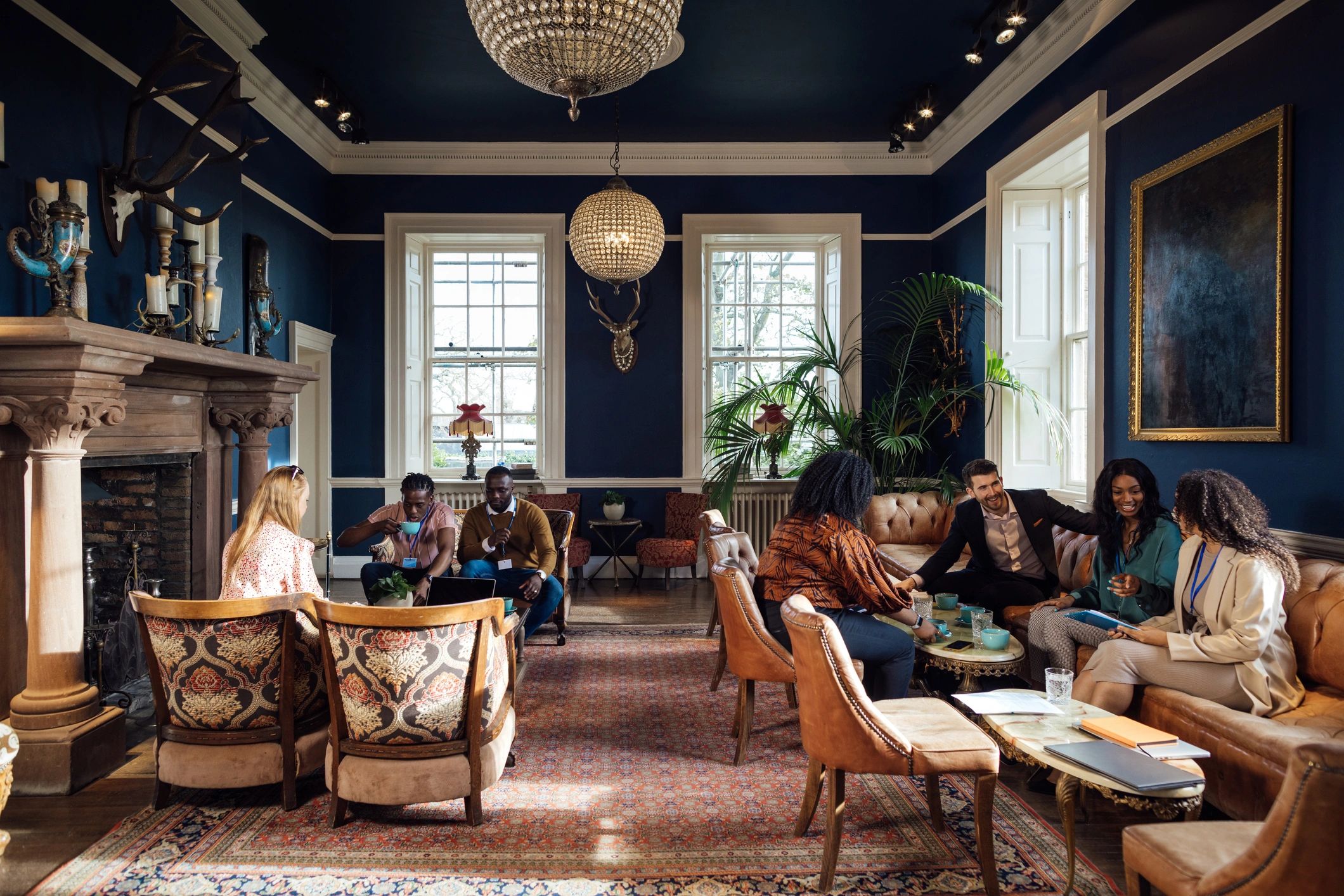 Welcoming church gathering space with people connecting